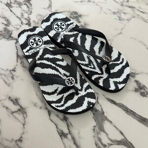 Tory Burch Black and White Zebra Logo  Flip Flops
